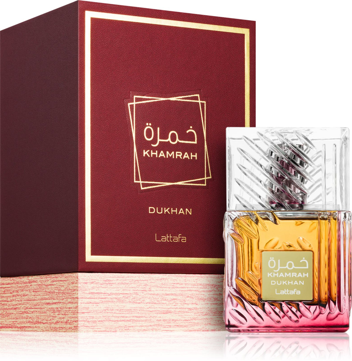 Lattafa Khamrah Dukhan, flacon apă de parfum, vedere laterală